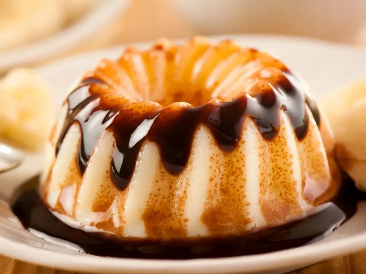 Pyszny, kremowy pudding w kształcie babeczki, polany czekoladą, z kawałkami banana obok. Co to pudding? To deser marzeń!