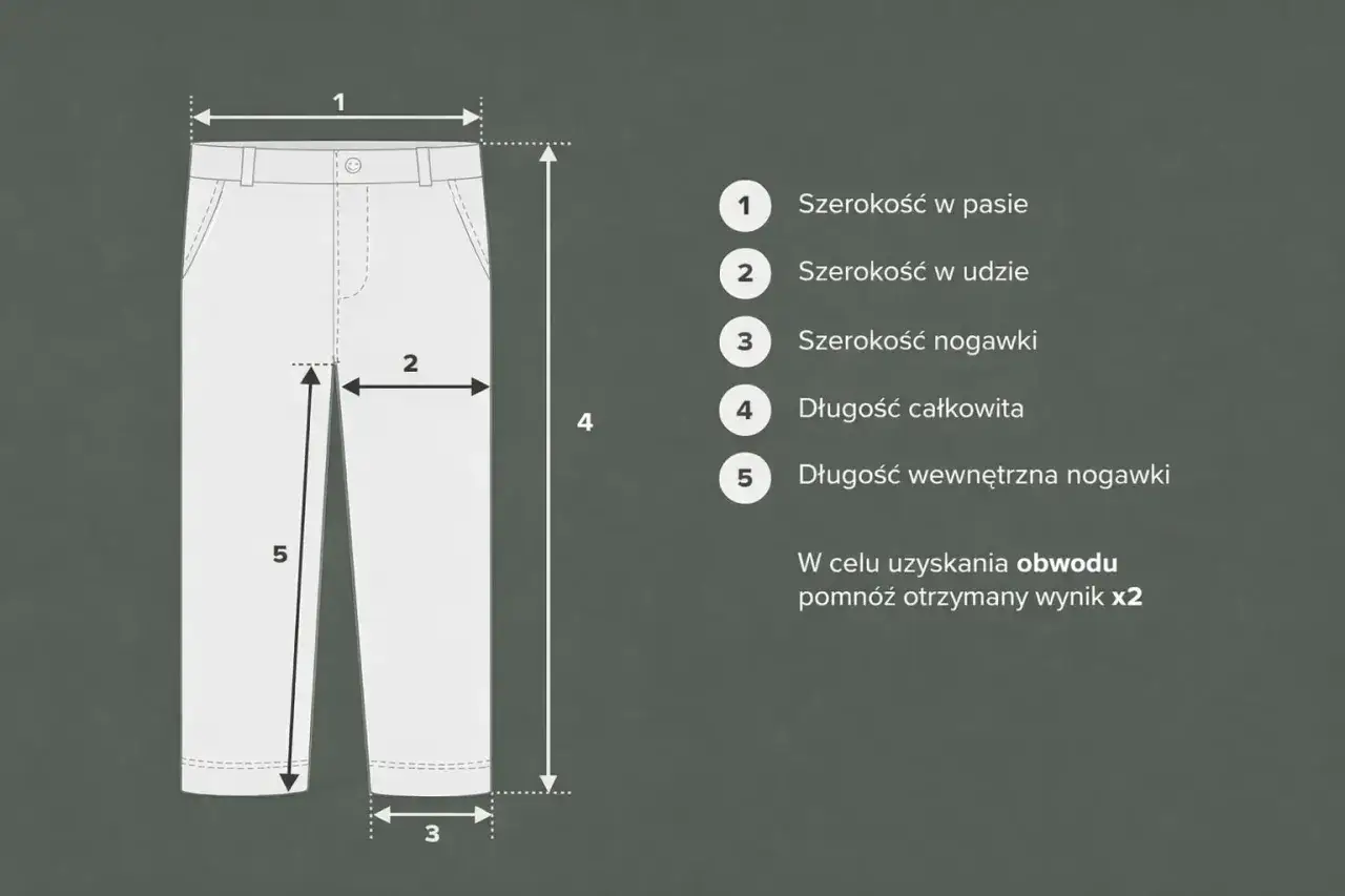 Schematyczne spodnie z wymiarami: szerokość w pasie, udzie, nogawce, długość całkowita i wewnętrzna.