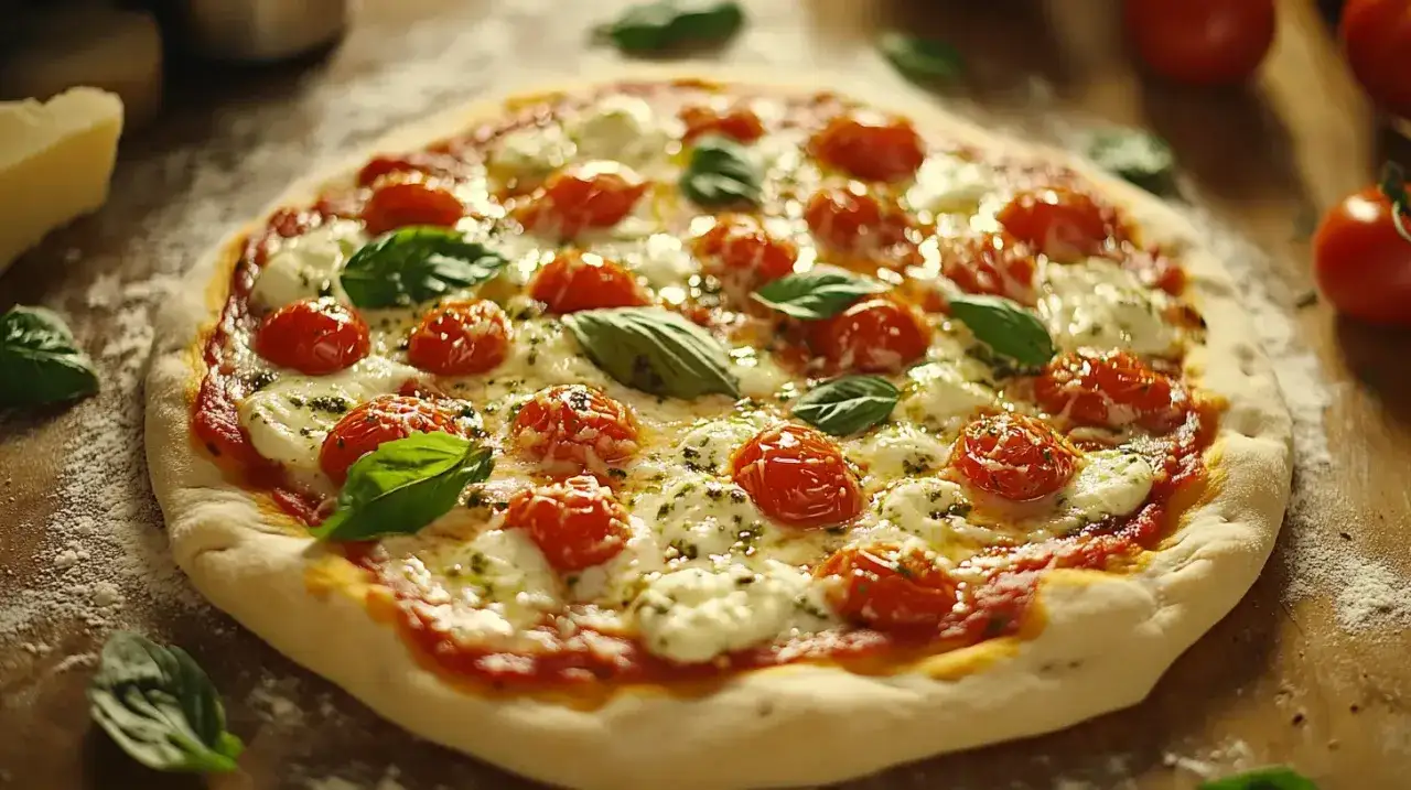 Pyszna pizza z pomidorkami i mozzarellą w zalewie, która nadaje się idealnie do pizzy, z listkami bazylii.