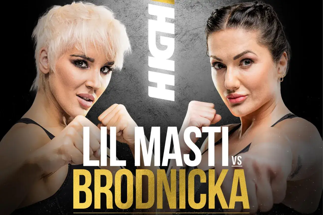 Dwie kobiety w pozycjach bokserskich. Na plakacie widnieje napis "LIL MASTI VS BRODNICKA". Zastanawiasz się, ile kosztuje bilet na koncert Lil Masti?