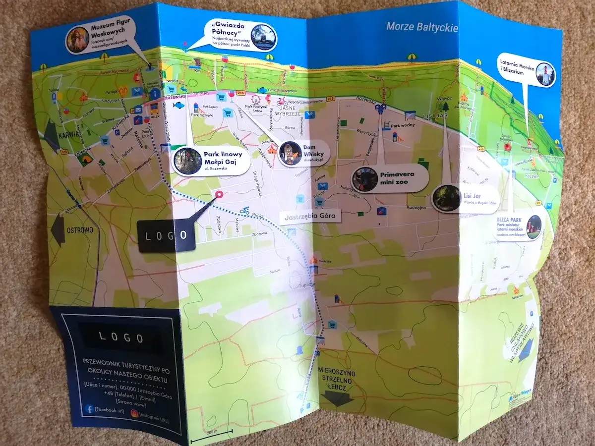 Mapa turystyczna Jastrzębiej Góry z zaznaczonymi atrakcjami i drogami.