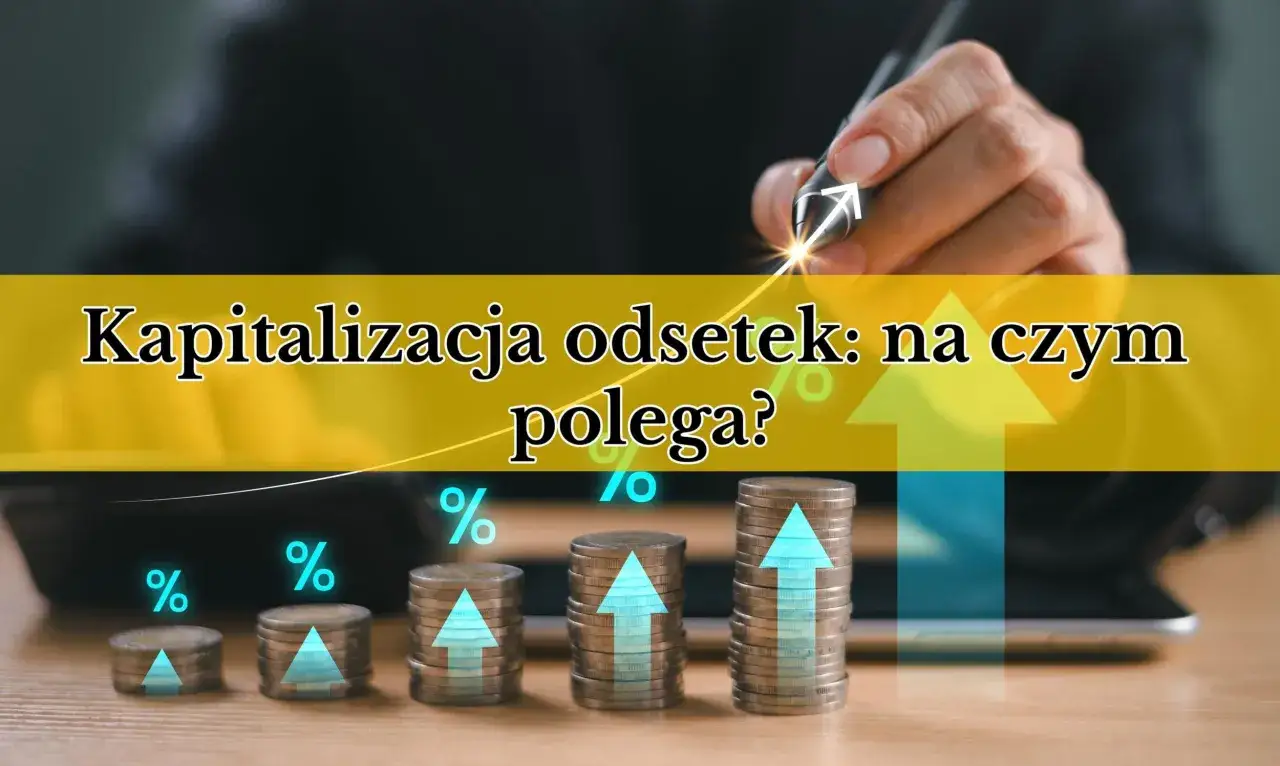 Stosy monet rosną, symbolizując kapitalizację odsetek i wzrost finansowy. Strzałka w górę wskazuje na sukces.