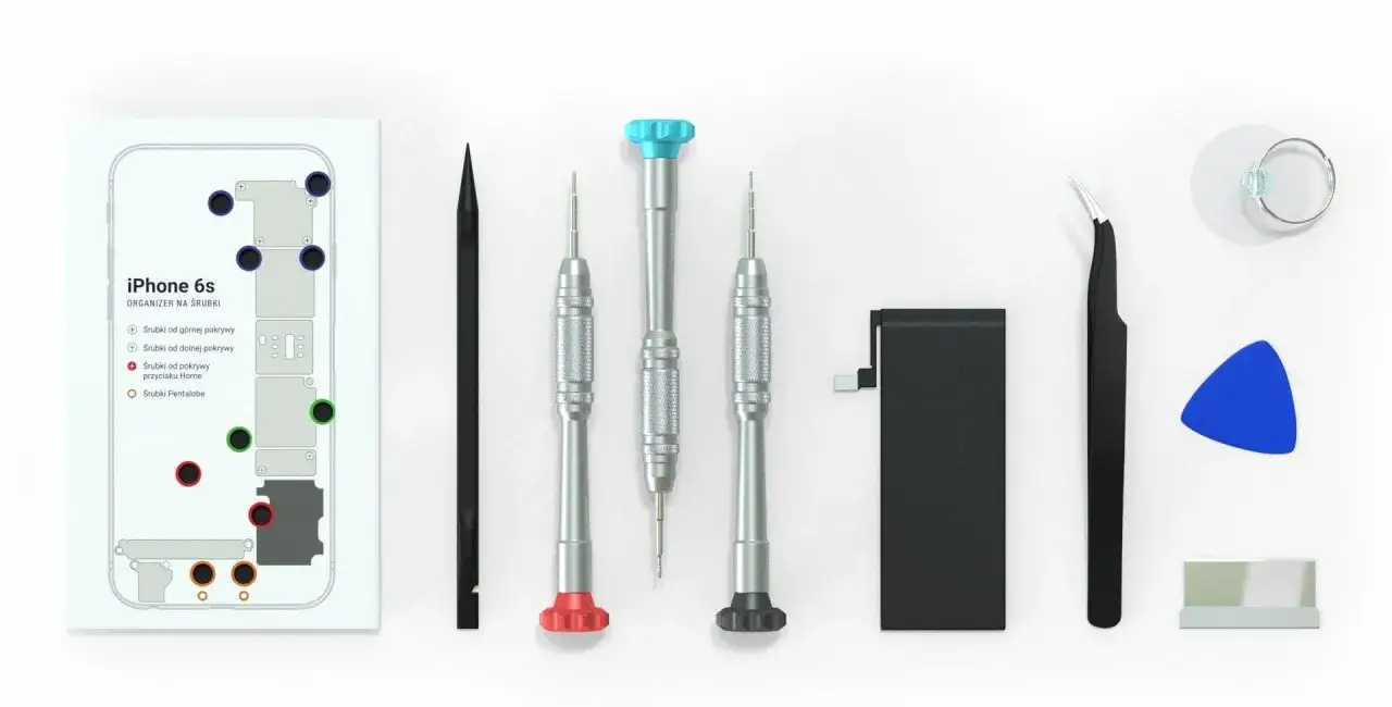Narzędzia do wymiany baterii iPhone 6s: organizer na śrubki, śrubokręty, pęseta, kostka.