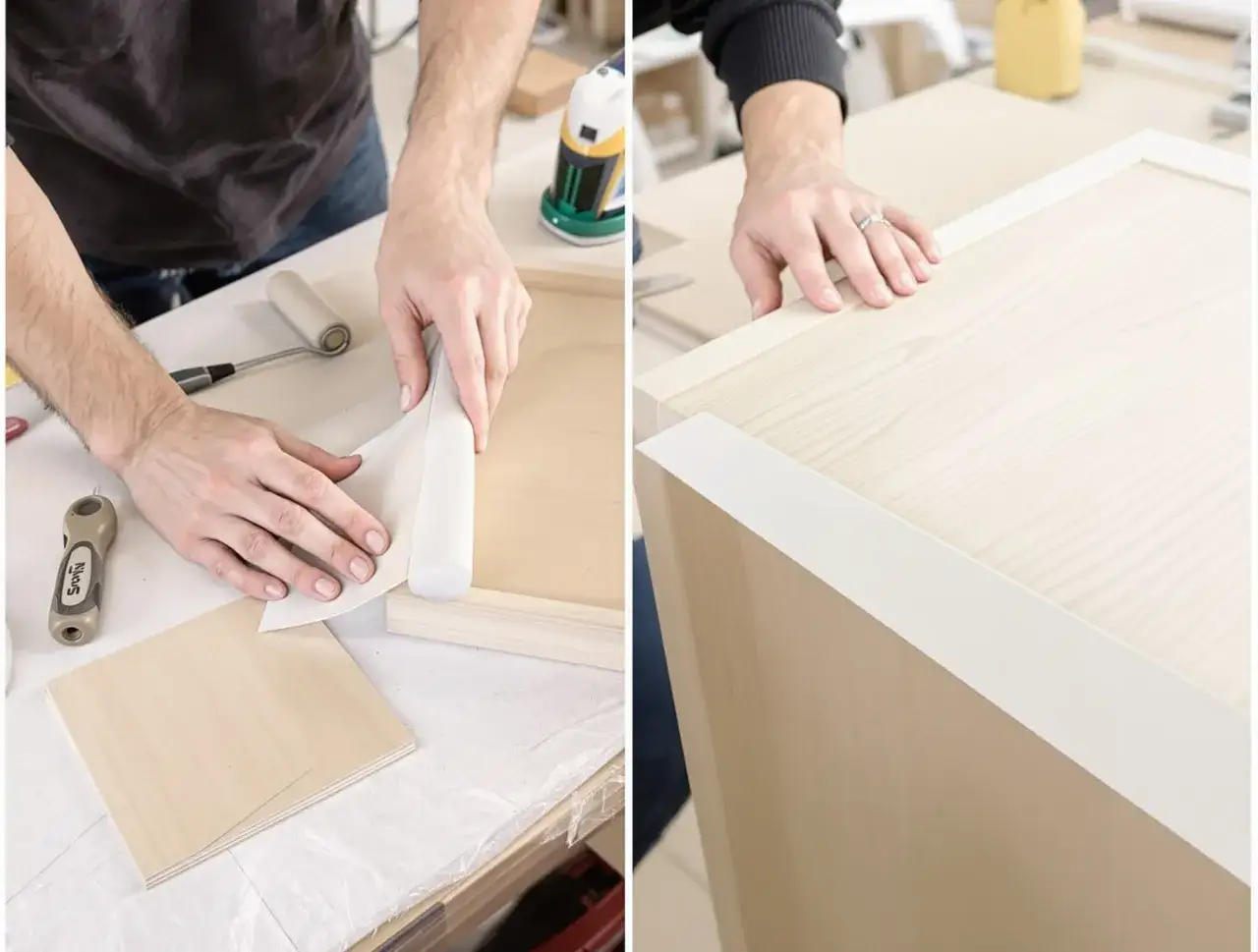 Pokazano, jak przykleić okleinę na meblach. Dłonie przykładają białą okleinę do drewnianej powierzchni, używając wałka do wygładzania.