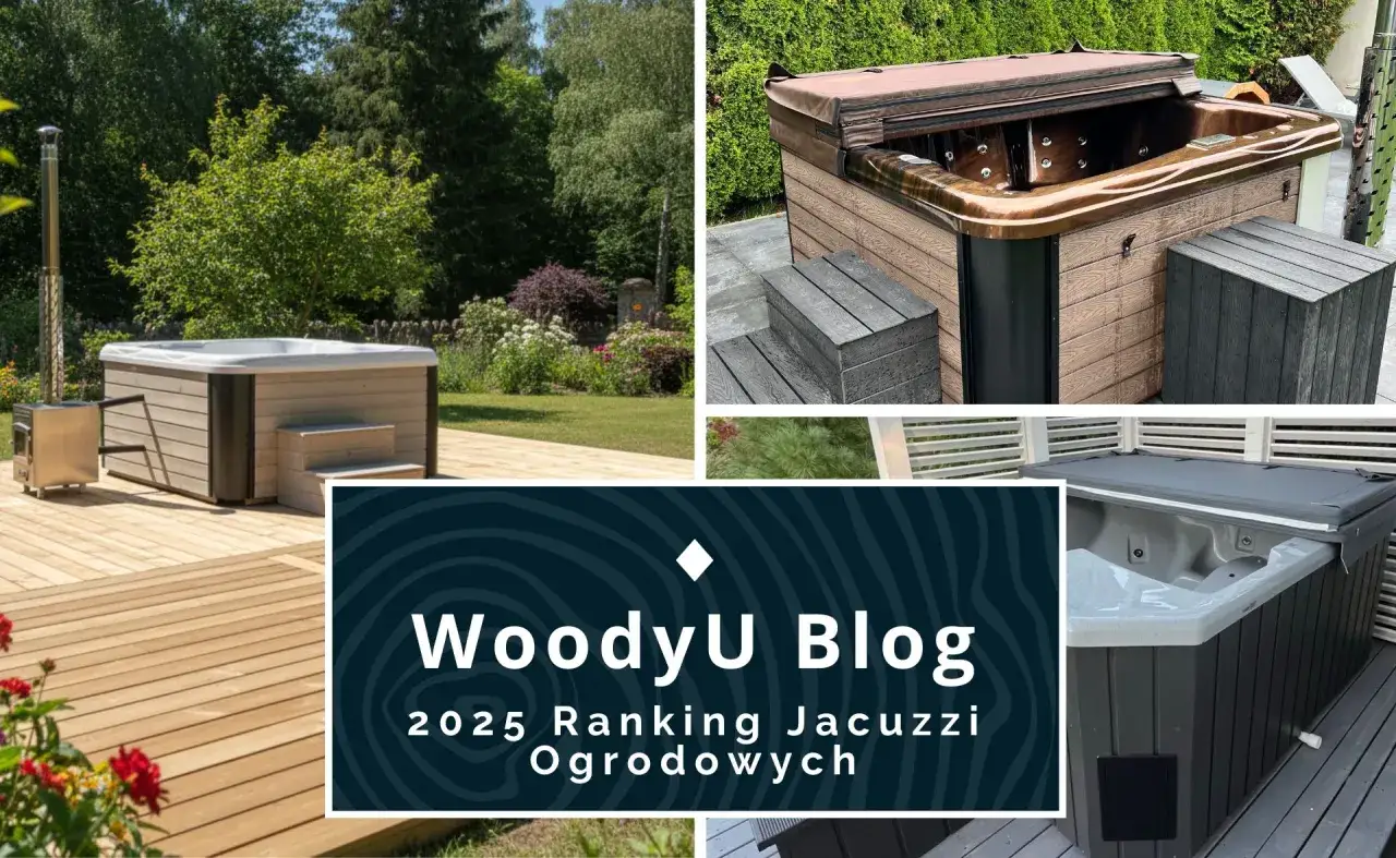 Kolaż zdjęć jacuzzi ogrodowych w różnych stylach i otoczeniu.