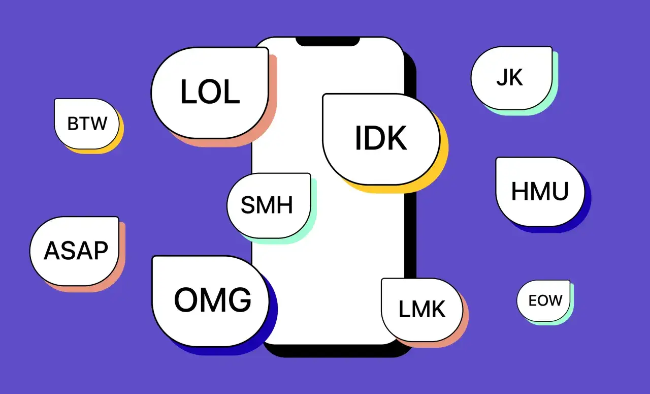 Telefon otoczony skrótami: BTW, LOL, SMH, OMG, IDK, JK, HMU, LMK, EOW. Bo to język internetu.