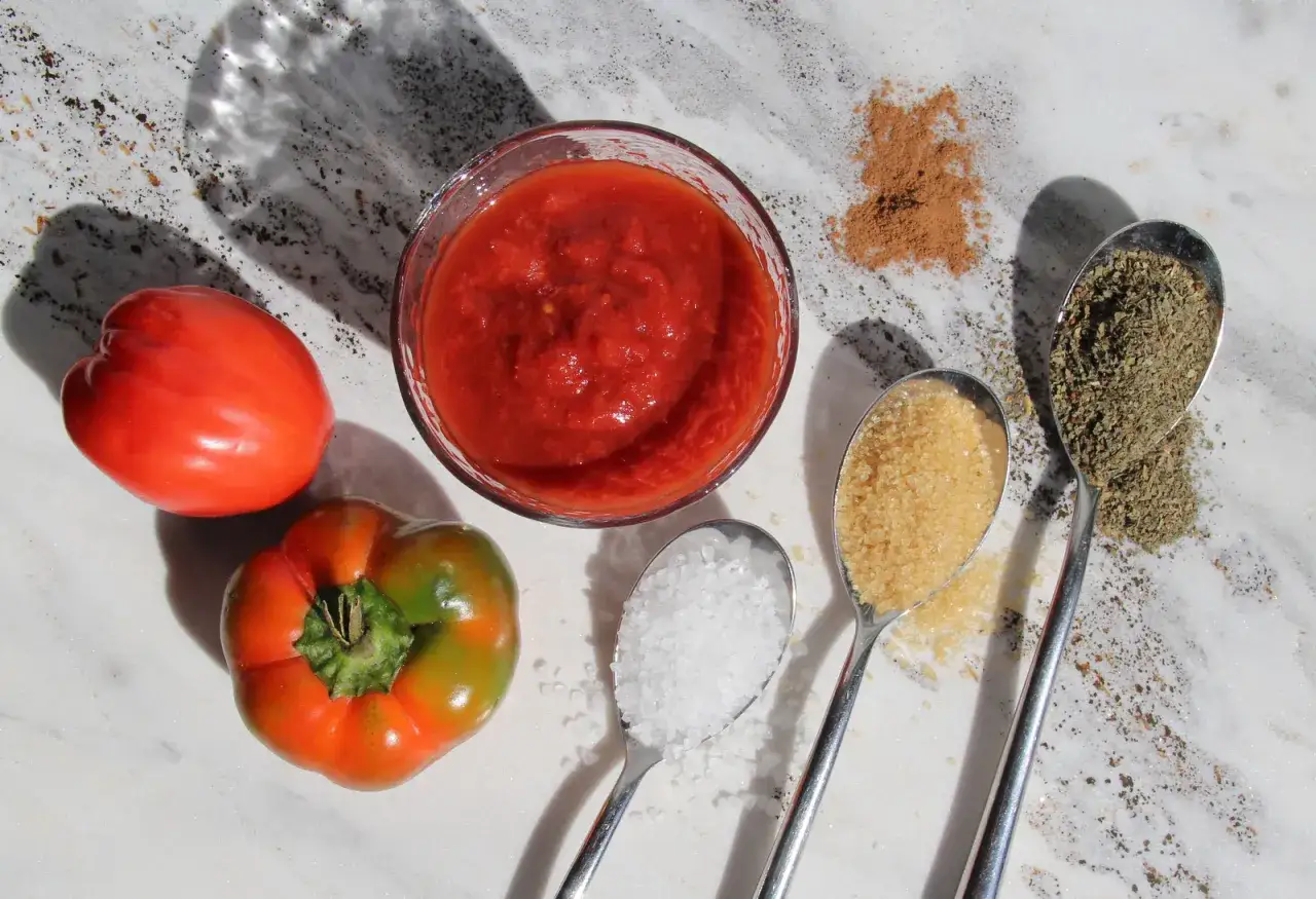 Składniki do sosu: pomidory, przecier pomidorowy, sól, cukier, zioła i przyprawy.