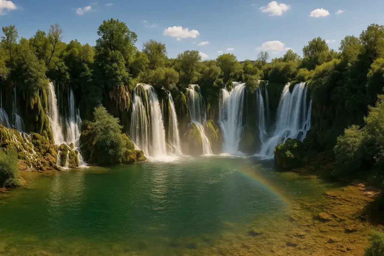 Malownicze **serbia krajobrazy** z kaskadowymi wodospadami, bujną zielenią i tęczą nad turkusową wodą.