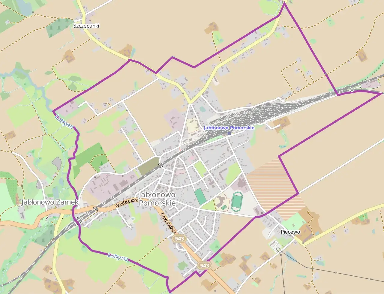 Mapa z zaznaczoną trasą przez Jabłonowo Pomorskie, wiodącą przez Jabłonowo Zamek i okolice.
