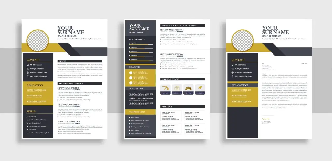 Szablony CV z sekcjami: dane kontaktowe, profil, wykształcenie, doświadczenie, umiejętności, zainteresowania.