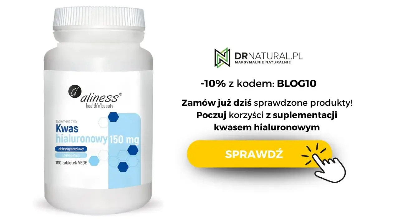 Biała butelka suplementu diety Kwas hialuronowy 150 mg Aliness na białym tle.