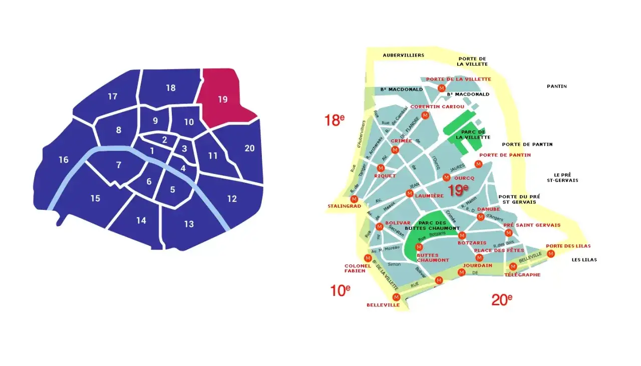 Mapa Paryża z zaznaczonymi dzielnicami. Dzielnica 19. jest wyróżniona kolorem różowym, sugerującym bezpieczne dzielnice Paryża.