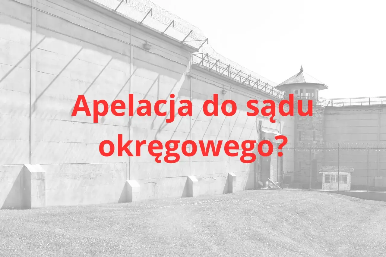 Mur więzienia z drutem kolczastym i wieżyczką strażniczą. Czerwony napis "Apelacja do sądu okręgowego?".