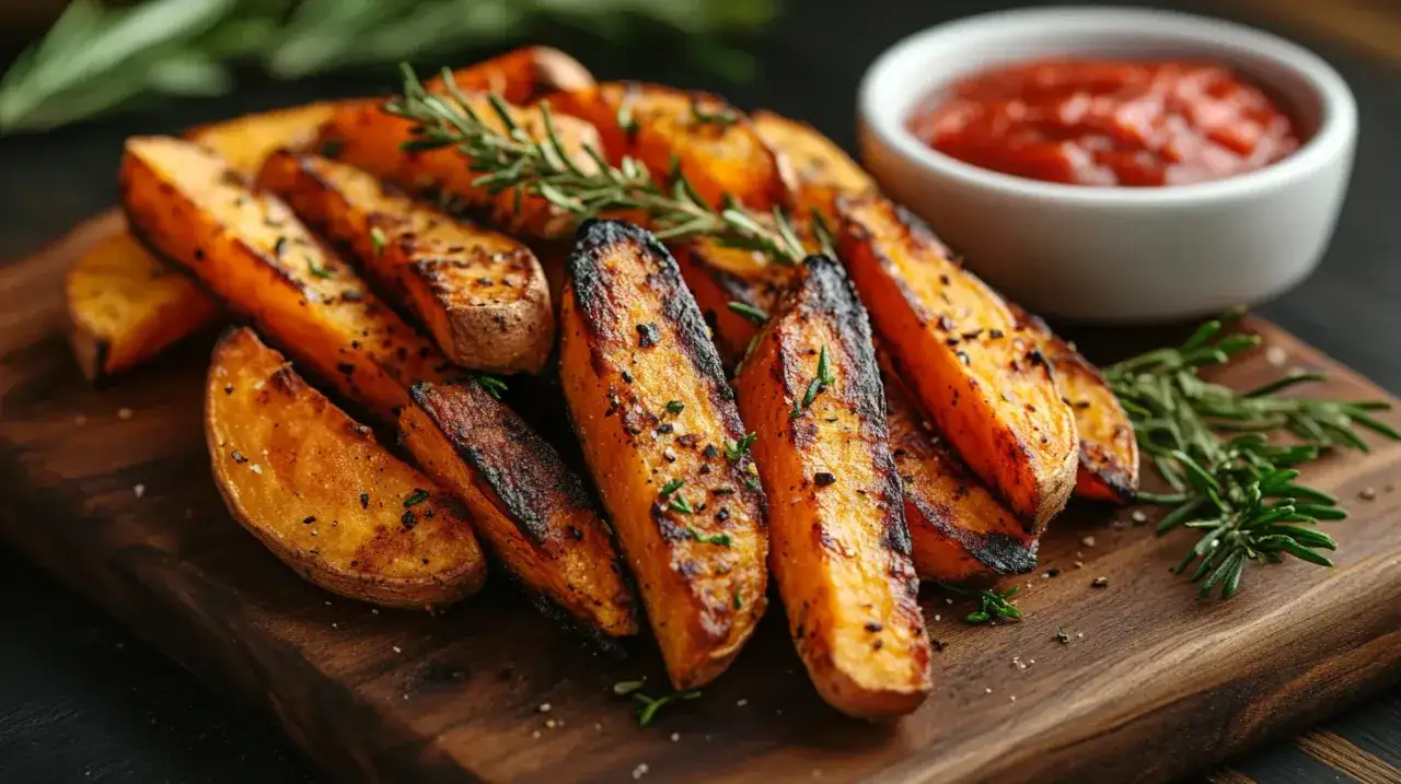 Pieczone frytki z batatów z rozmarynem i sosem pomidorowym na desce.