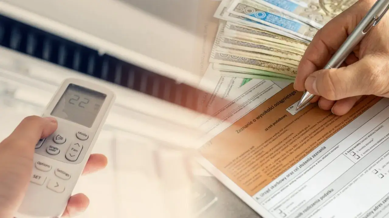 Ręka trzymająca pilot do klimatyzacji, obok stos banknotów i formularz podatkowy. Czy klimatyzację można odliczyć od podatku?