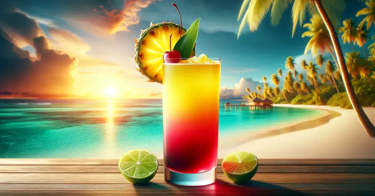 Tropikalny drink z ananasem, wiśnią i limonkami na tle rajskiej plaży o zachodzie słońca.