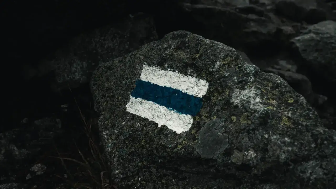 Niebieski szlak turystyczny namalowany na skale w górach.