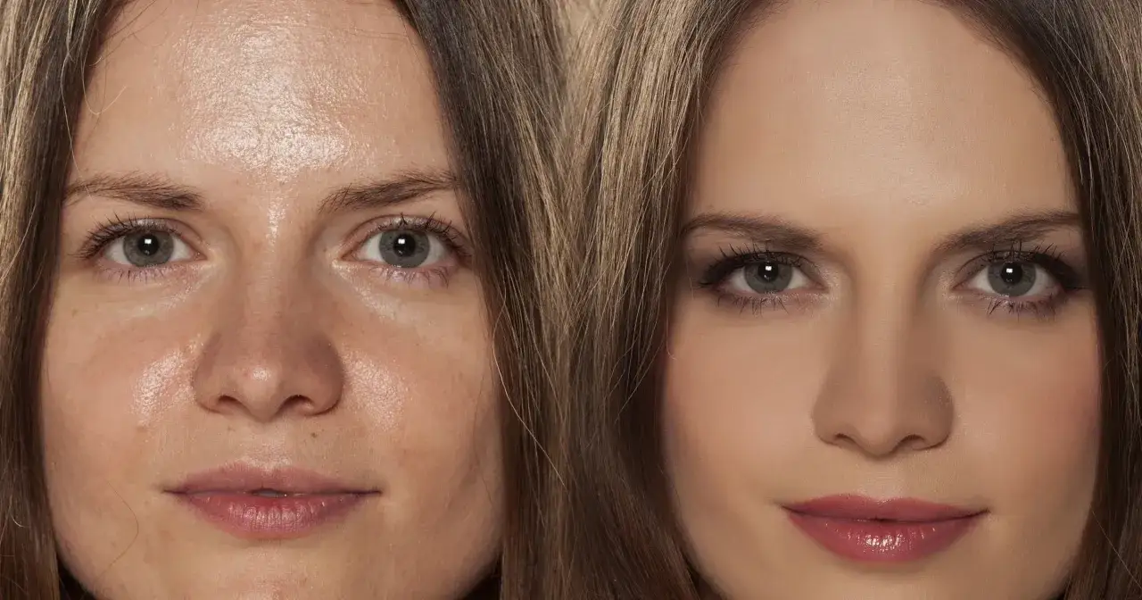 Porównanie twarzy: przed i po zastosowaniu makijażu na tłustą cerę.