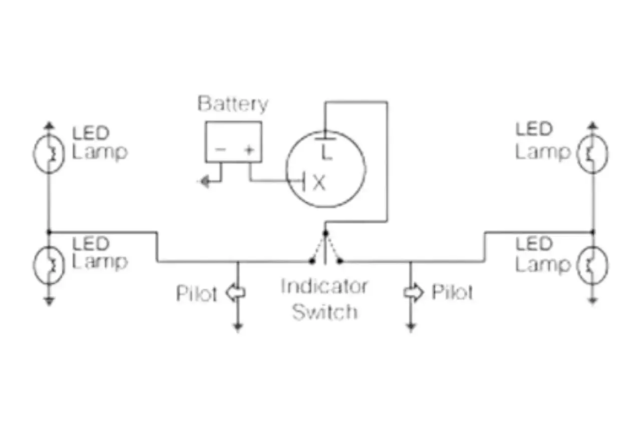 Schemat elektryczny z akumulatorem, przerywaczem, lampkami LED i wskaźnikami.