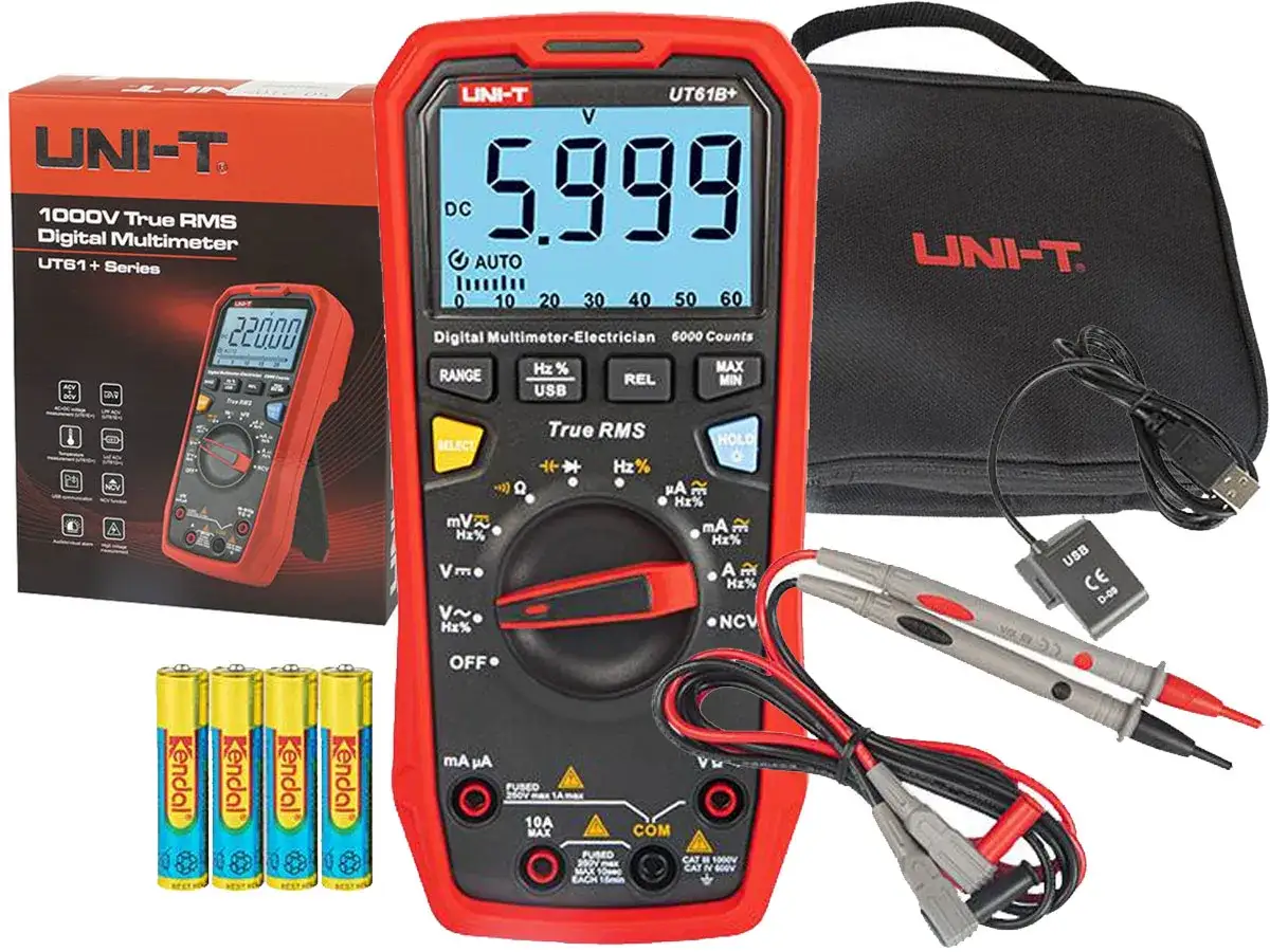 Czerwony multimetr cyfrowy UNI-T UT61B+ z akcesoriami: etui, baterie, przewody pomiarowe, kabel USB.