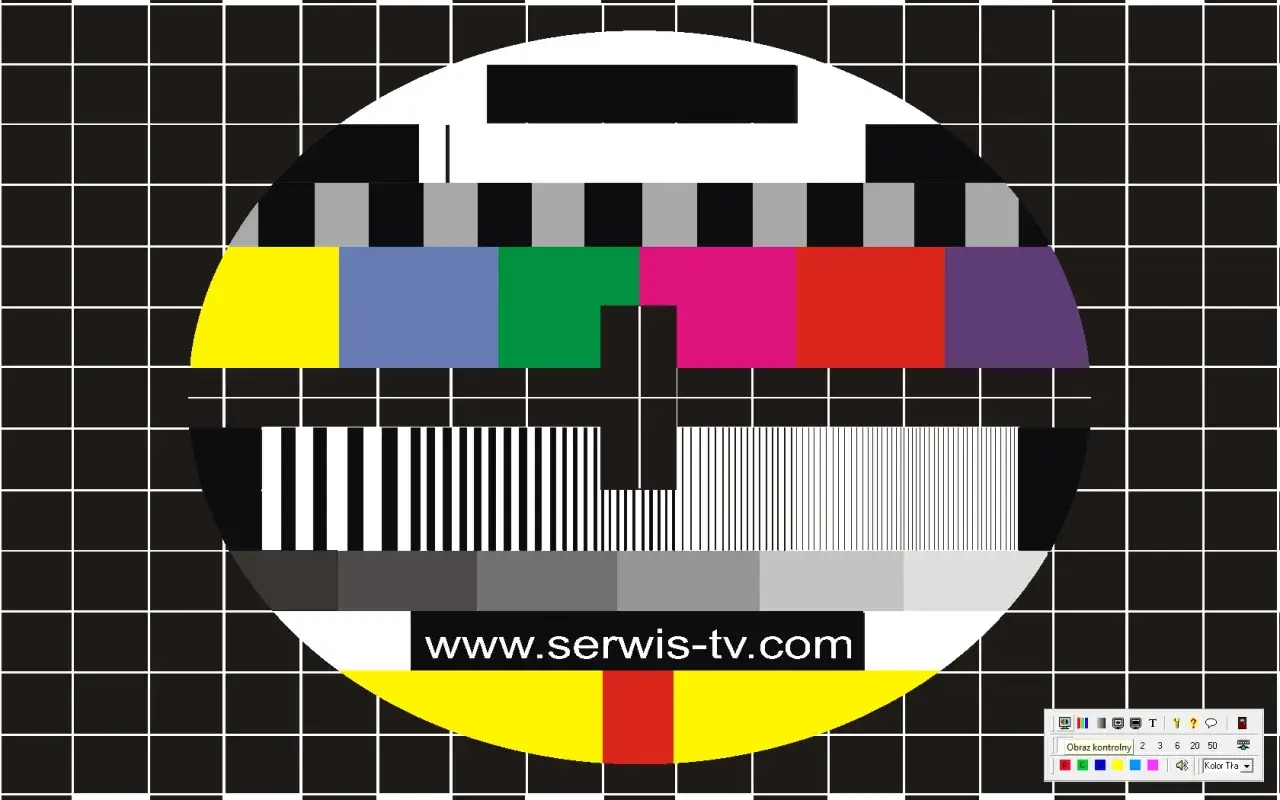 Test kolorów monitora: klasyczny obrazek testowy z kolorowymi pasami, czarno-białymi paskami i tekstem www.serwis-tv.com.