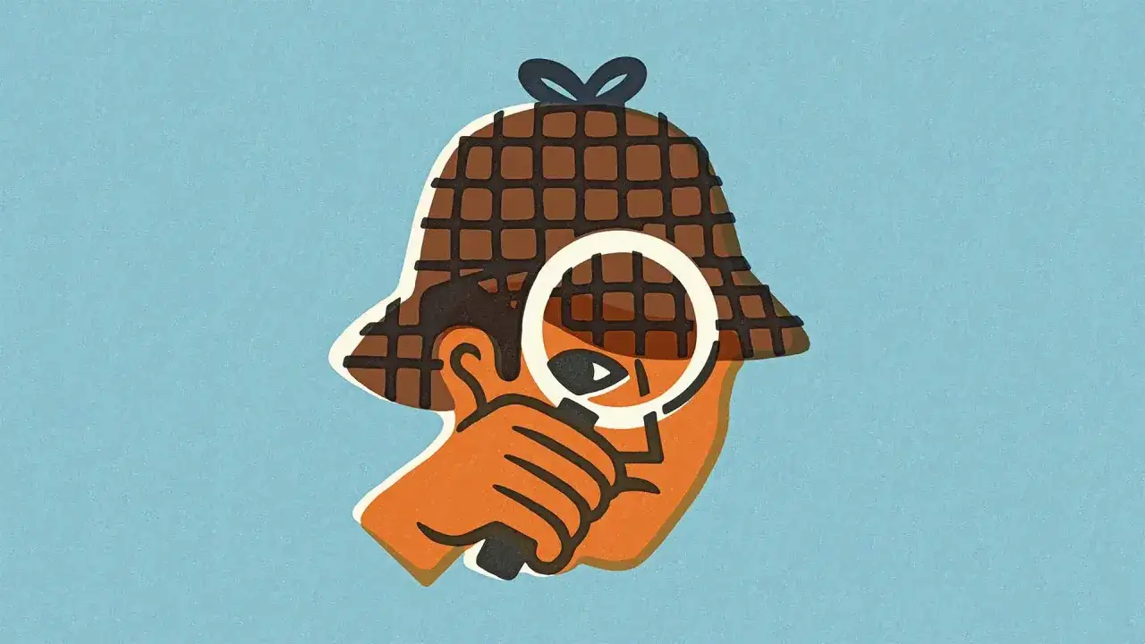 Stylizowana głowa w kapeluszu detektywa, z lupą przed okiem. Wszyscy wiemy, kto tak bada sprawy – to Sherlock Holmes!