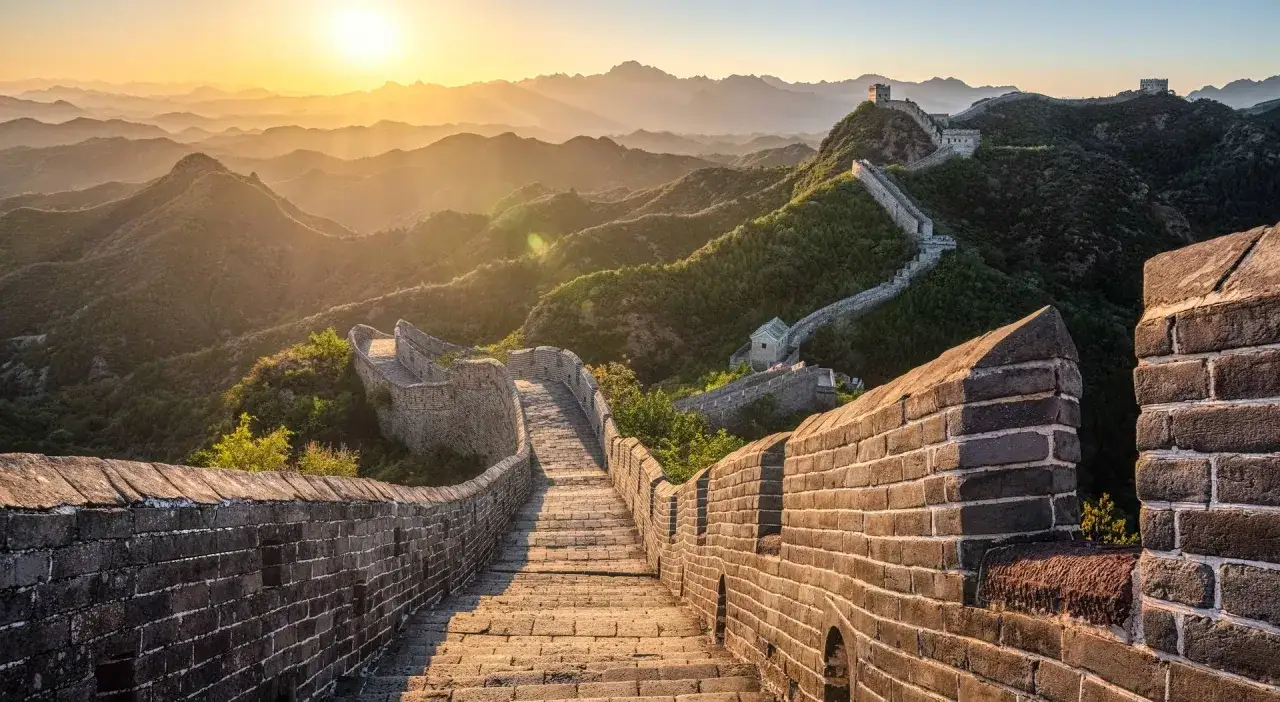 Wielki Mur Chiński, jeden z 7 cudów świata UNESCO, w promieniach wschodzącego słońca.