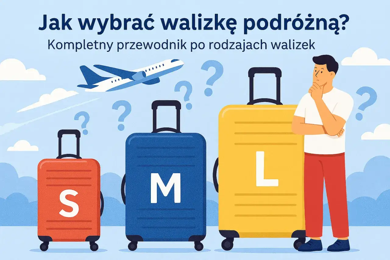 Mężczyzna zastanawia się nad wyborem walizki podróżnej obok walizek w rozmiarach S, M i L.