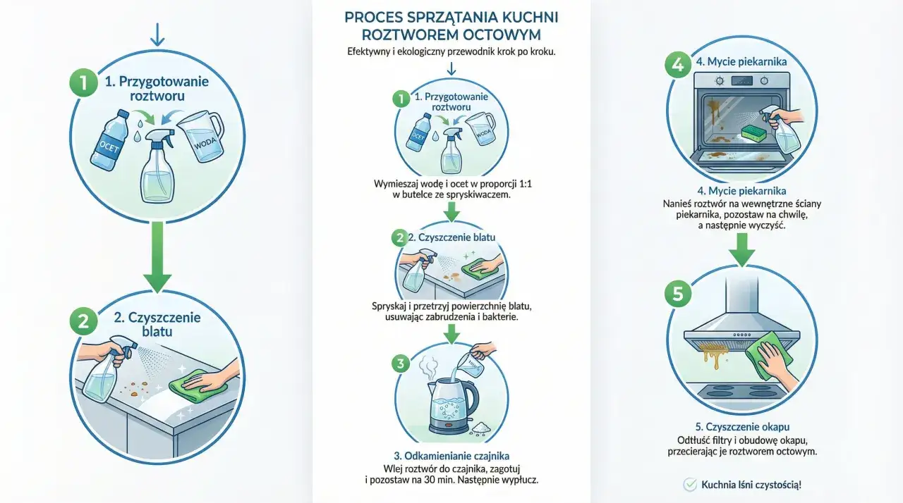 Ilustracja przedstawia proces czyszczenia kuchni octem: przygotowanie roztworu, czyszczenie blatu, odkamienianie czajnika, mycie piekarnika i okapu.