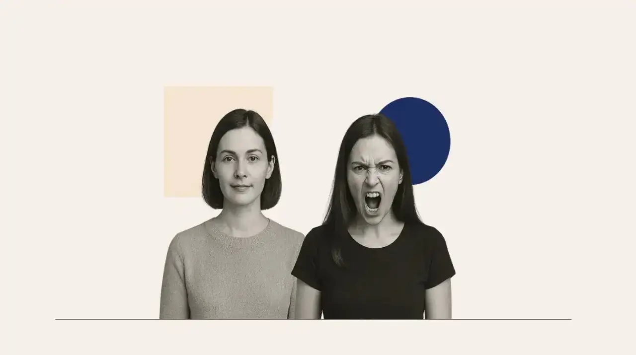 Dwie kobiety: jedna spokojna, druga krzycząca.