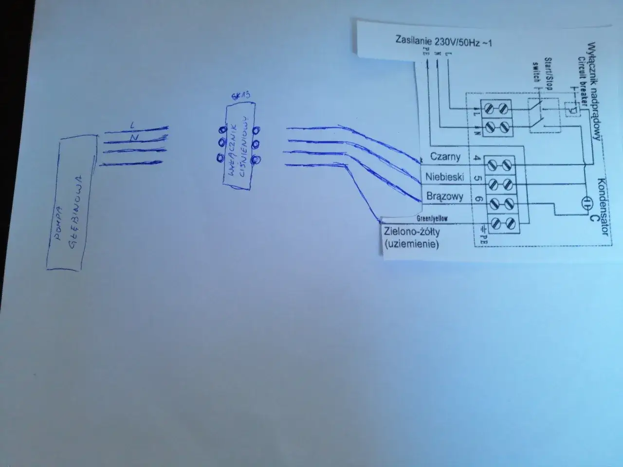 Schemat elektryczny jak podłączyć pompę głębinową: zasilanie, wyłącznik nadprądowy, kondensator, przewody czarny, niebieski, brązowy i zielono-żółty.