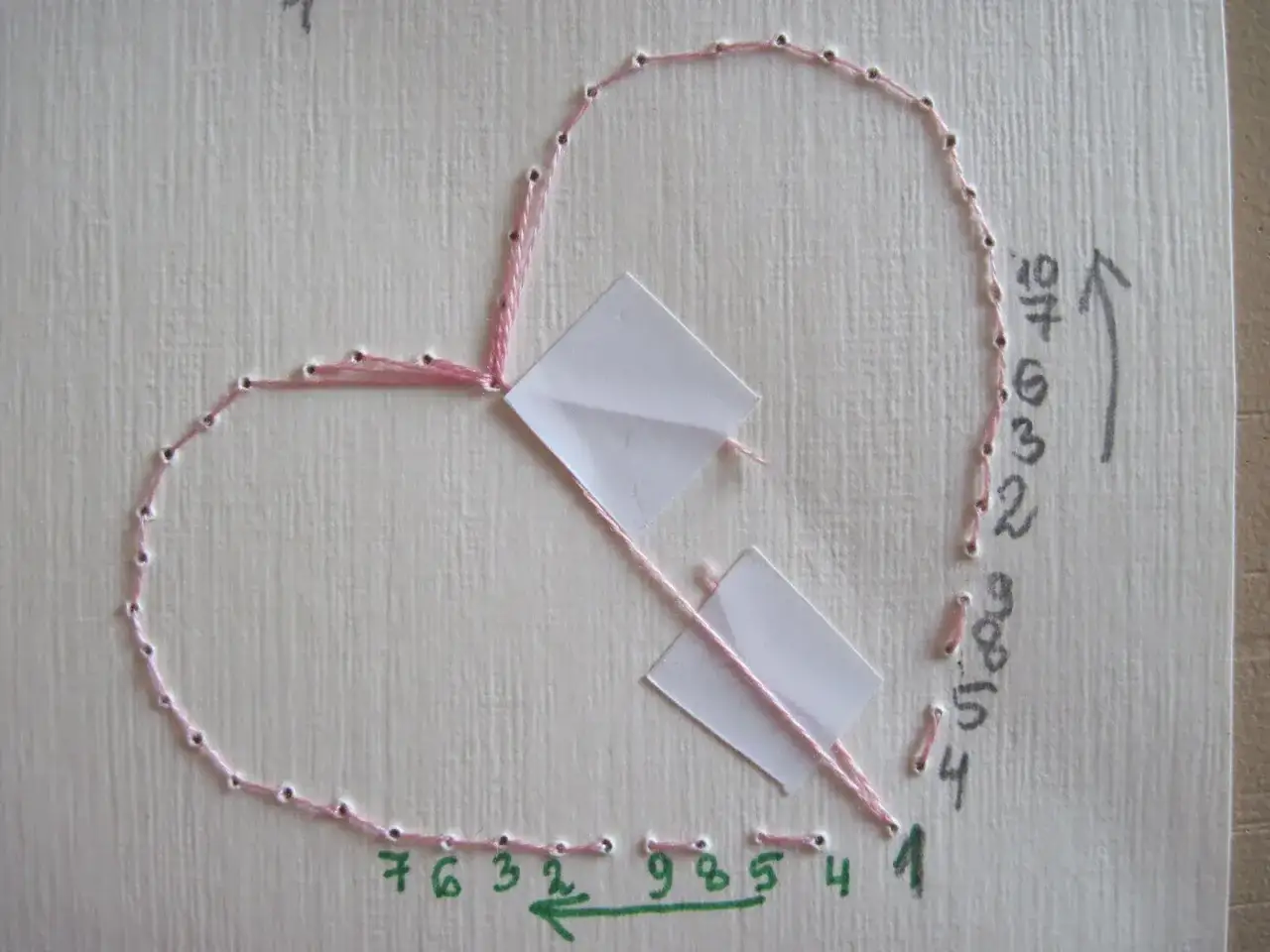 Instrukcja jak wyhaftować serce: różowa nić przechodzi przez dziurki, tworząc kontur serca. Liczby wskazują kolejność.