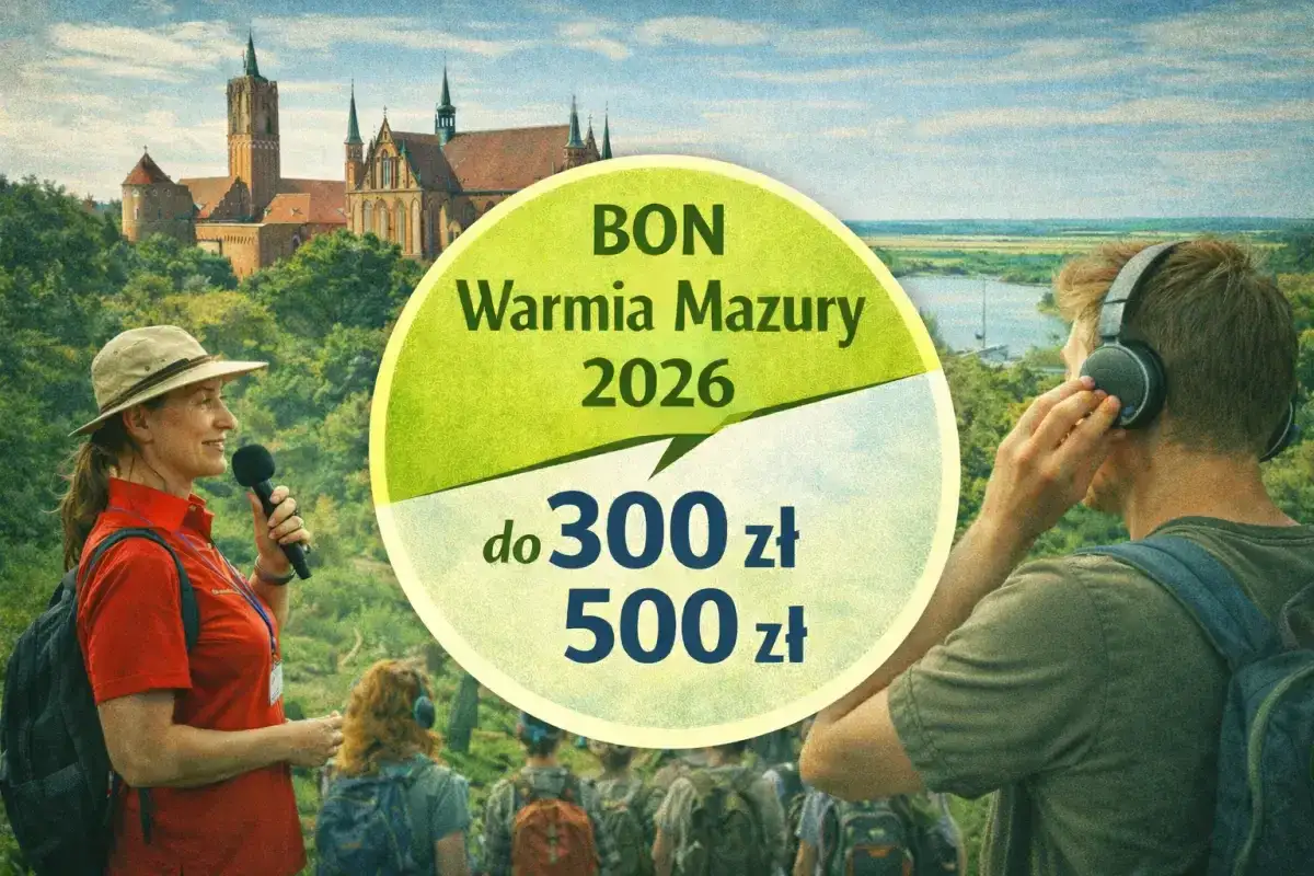 BON Warmia Mazury 2026 do 300-500 zł. Grupa turystów z przewodniczką zwiedza zamek.