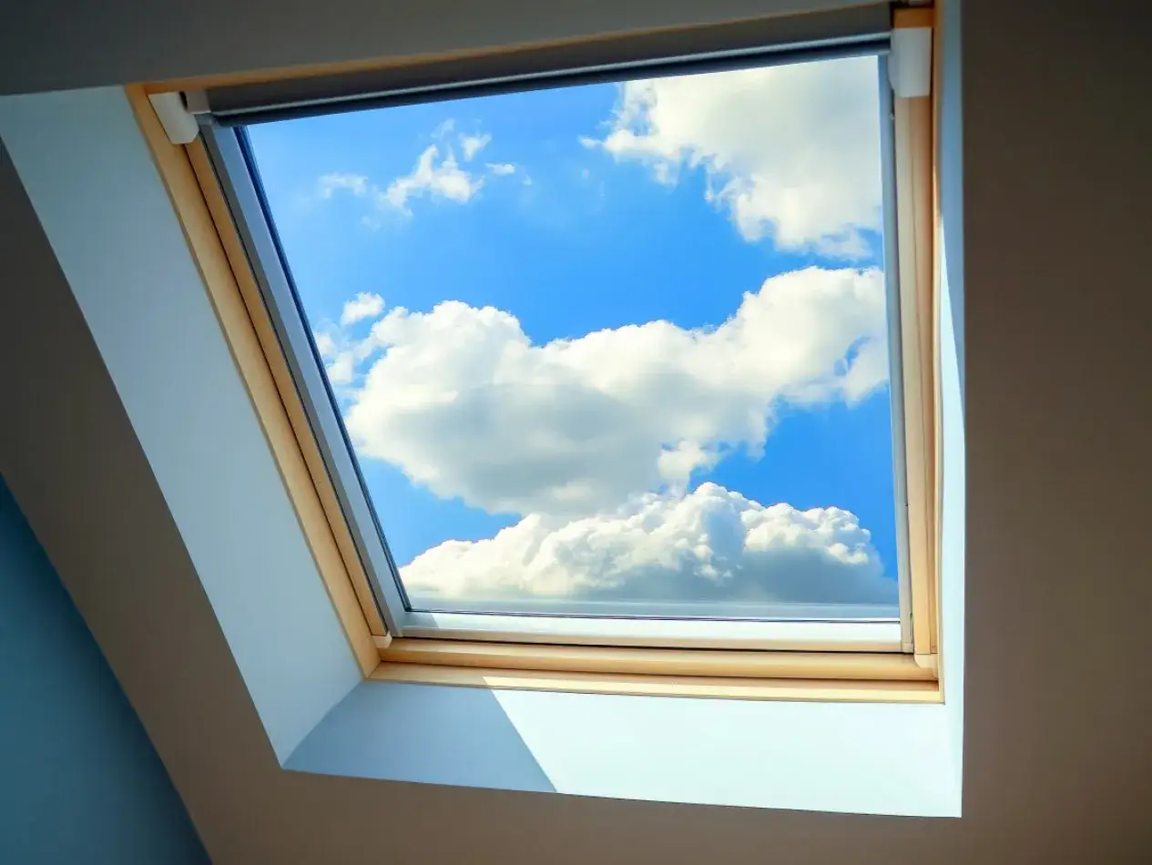 Widok na błękitne niebo z chmurami przez okno dachowe. Tak, można wstawić okna przed dachem, by cieszyć się słońcem.