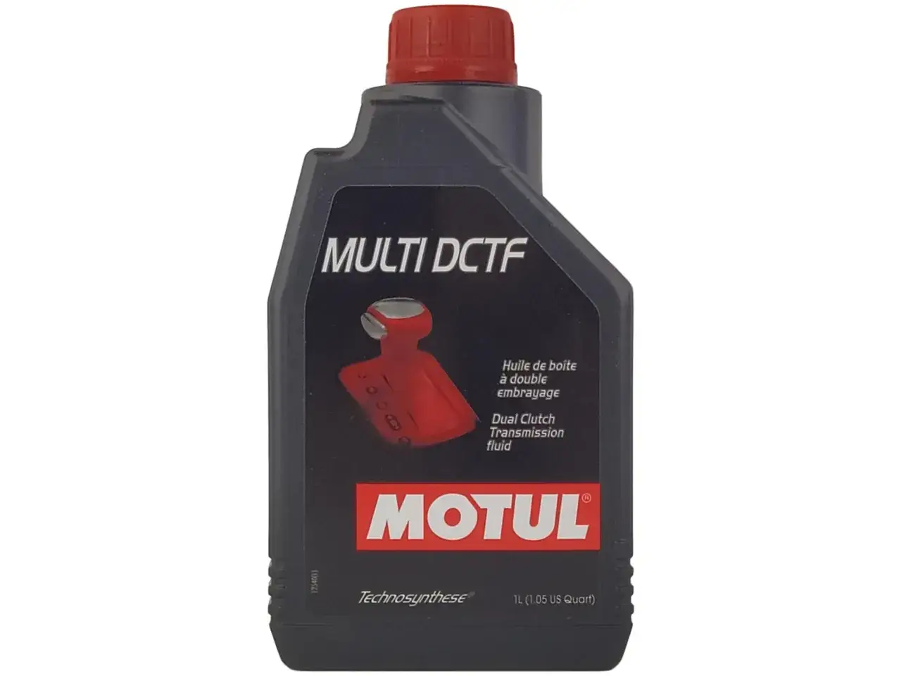 Butelka oleju Motul Multi DCTF z czerwonym korkiem i grafiką dźwigni zmiany biegów.