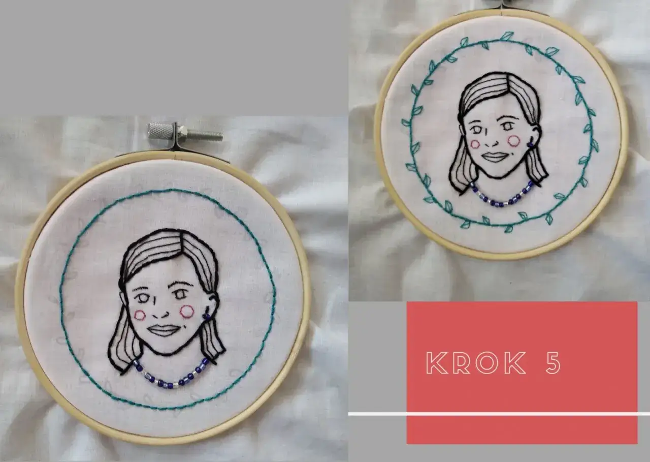 Dwa haftowane portrety dziewcząt, wykonane muliną. Jeden z nich ozdobiony jest zielonymi listkami, drugi niebieskim koralikowym naszyjnikiem.