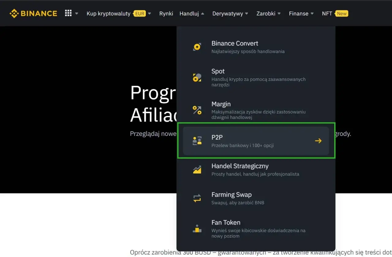 Menu Binance z opcją P2P (Przelew bankowy i 100+ opcji) podświetloną na zielono.