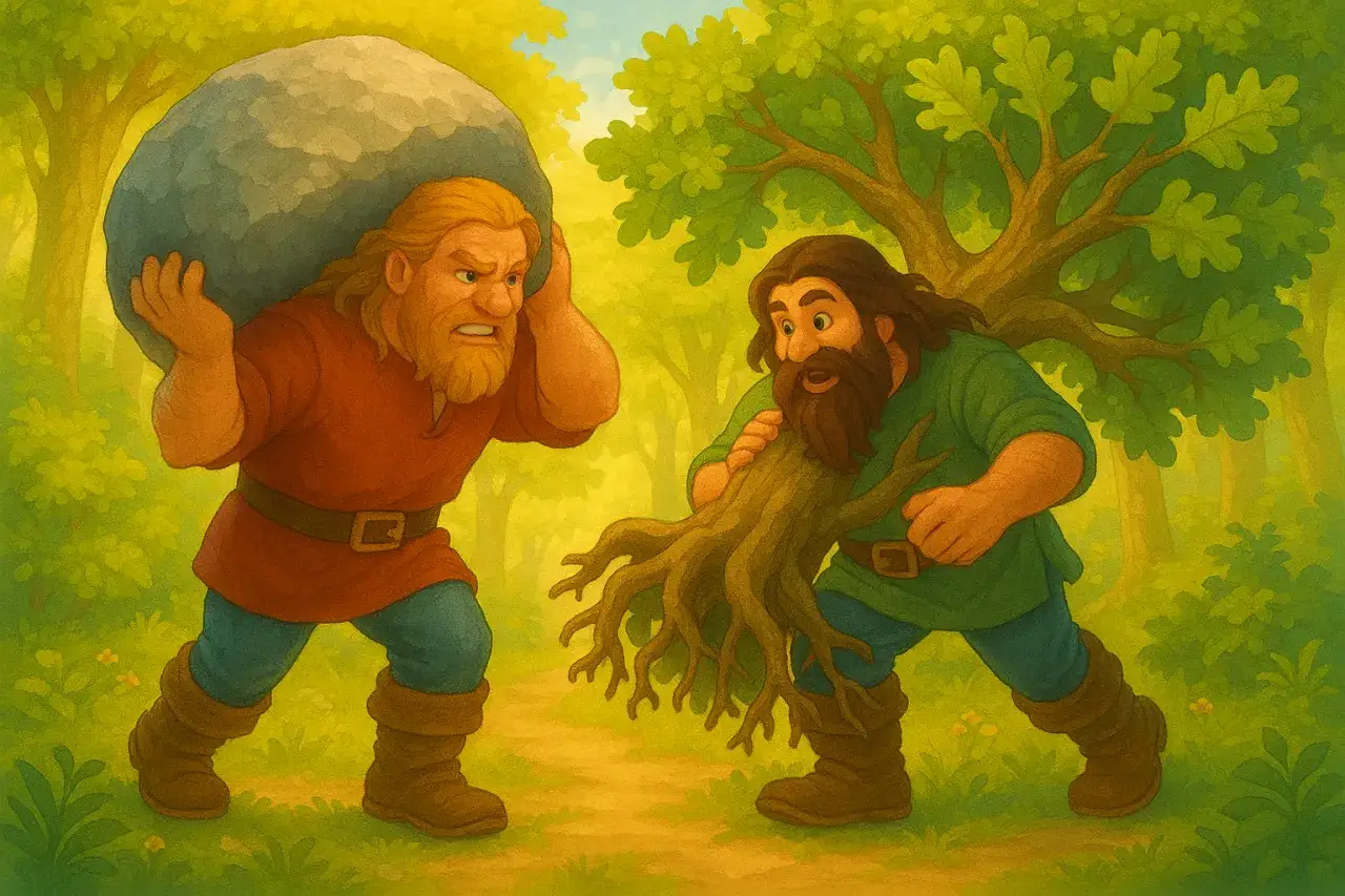 Waligóra z kamieniem na plecach i Wyrwidąb z wyrwanym drzewem, jak w baśni o ich sile.