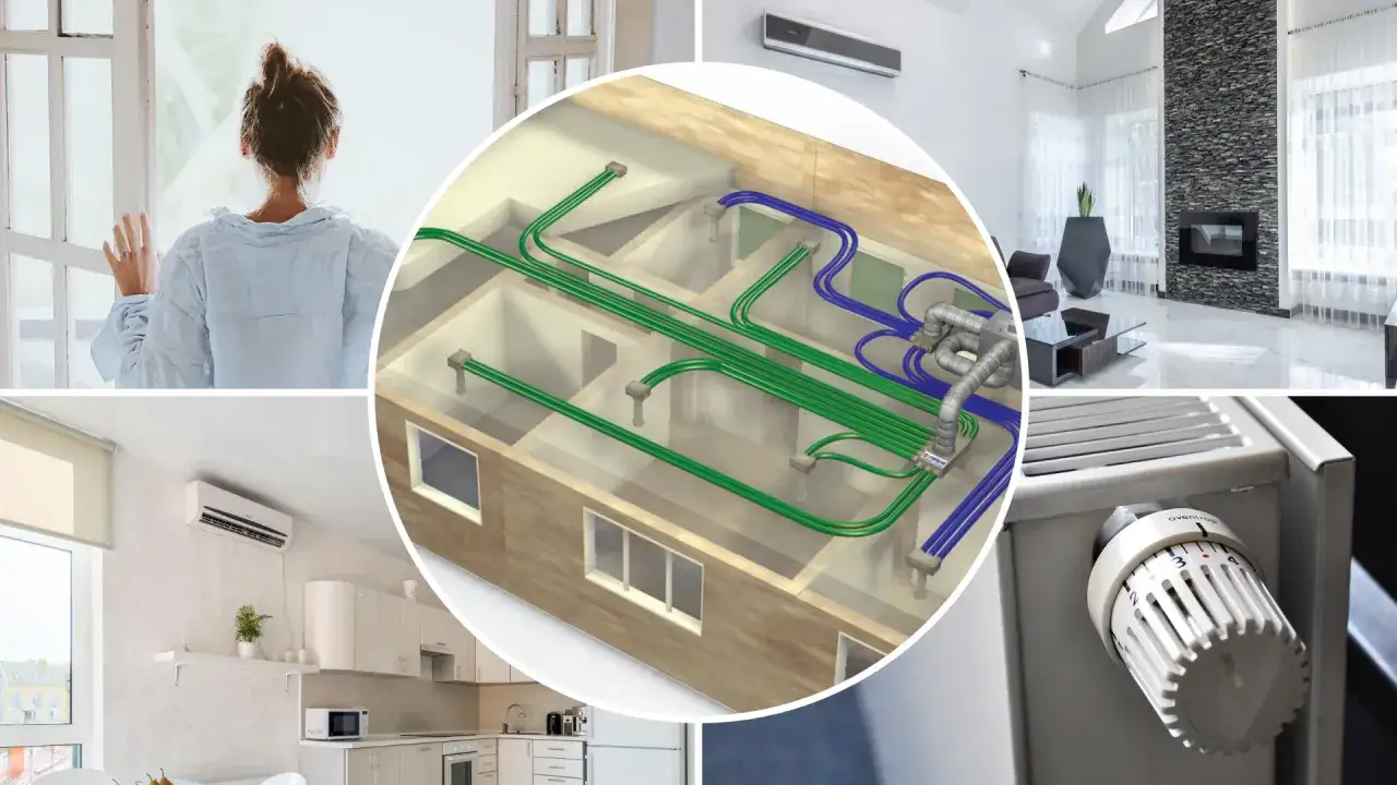 Nowoczesny dom z wentylacją mechaniczną. Widok przekroju instalacji, salonu, kuchni i termostatu.