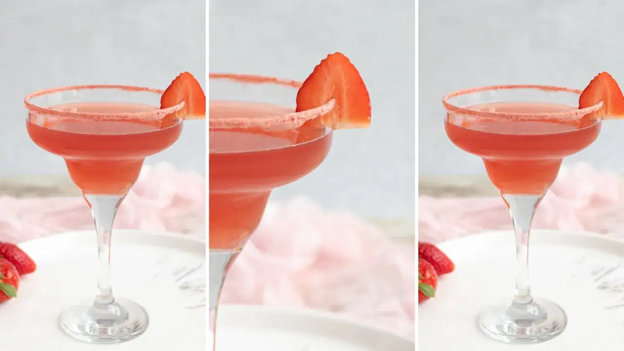 Margarita klasyczna kontra Margarita truskawkowa. Dwa drinki w kieliszkach, jeden z plasterkiem truskawki, drugi bez.