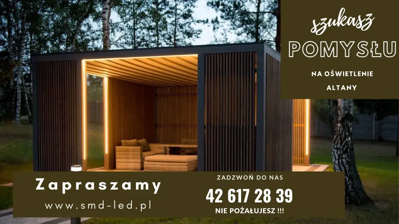 Nowoczesna altana z drewnianymi ścianami i oświetleniem LED. Szukasz pomysłu na oświetlenie altany? Zadzwoń!