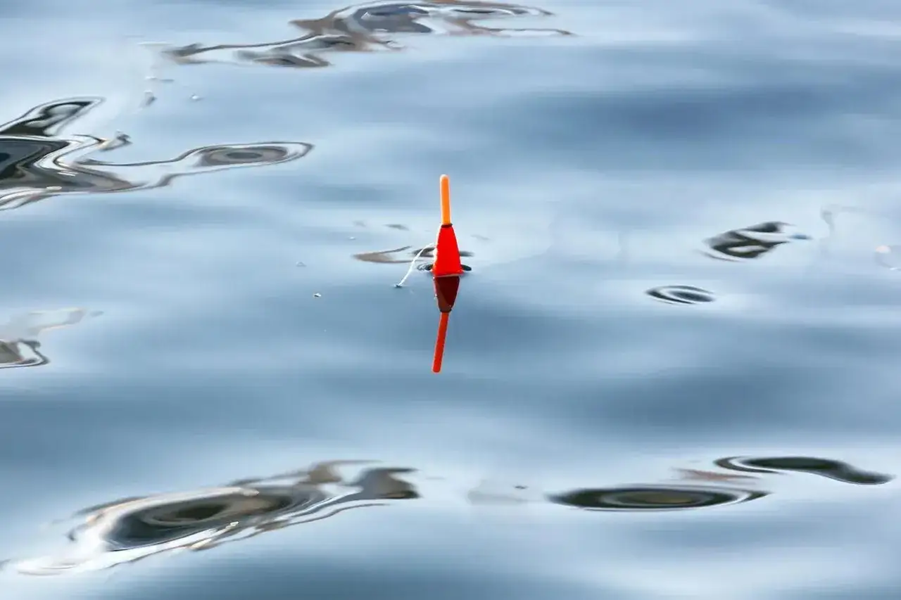 Czerwony spławik wędkarski unoszący się na spokojnej wodzie.