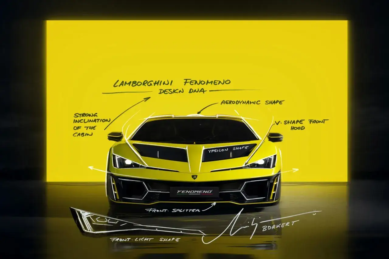 Żółty Lamborghini Fenomeno, zarysowany na tle żółtej ściany, z opisami designu. To jest prawdziwy lambordżini!