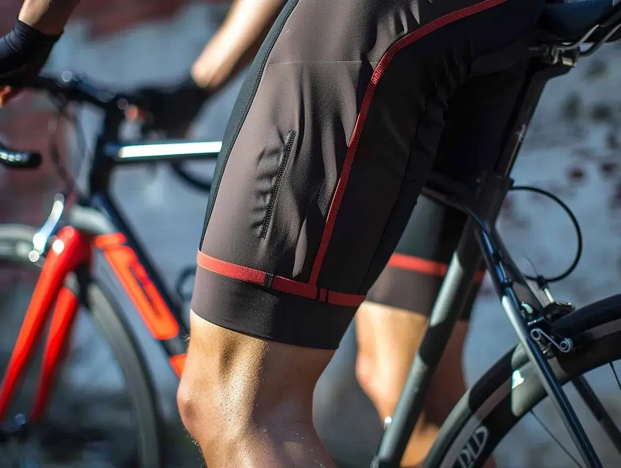Czarne spodenki rowerowe z czerwonymi akcentami, idealne na długie trasy. Zapewniają komfort i wsparcie.