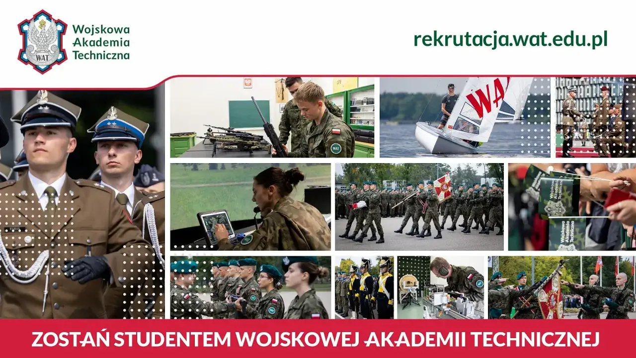 Kolaż zdjęć z życia Wojskowej Akademii Technicznej: studenci, ćwiczenia, uroczystości.