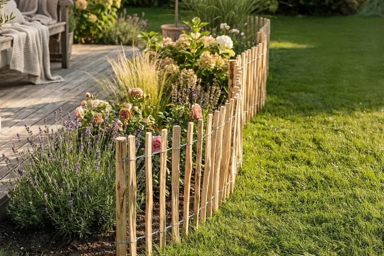 Ozdoby z wikliny do ogrodu: niski płotek z patyków otacza rabatę z lawendą, różami i hortensjami.