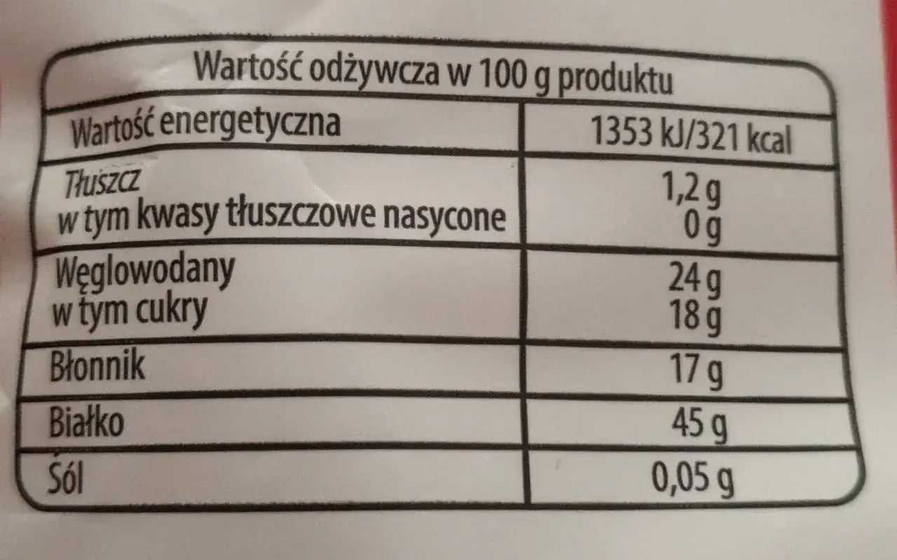 Tabela wartości odżywczych produktu: kalorie, tłuszcz, węglowodany, błonnik, białko, sól.
