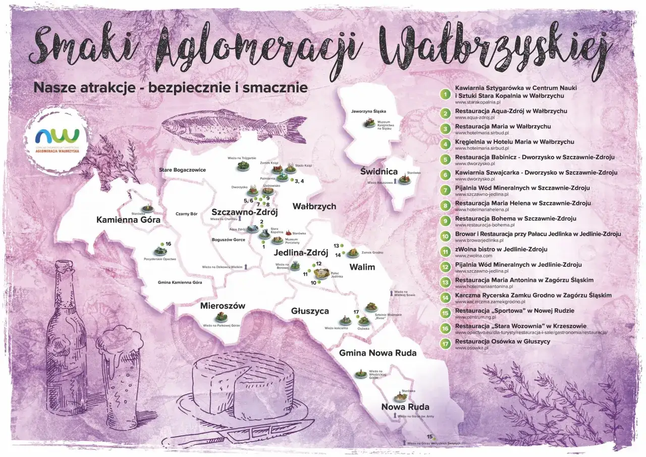Mapa atrakcji i restauracji w aglomeracji wałbrzyskiej z ilustracjami piwa i sera.