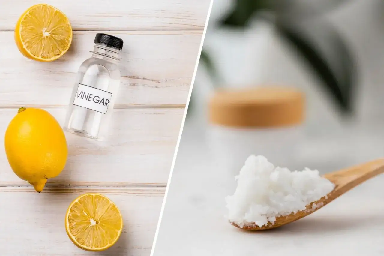 Cytryny, butelka octu i łyżka sody oczyszczonej na drewnianym tle.