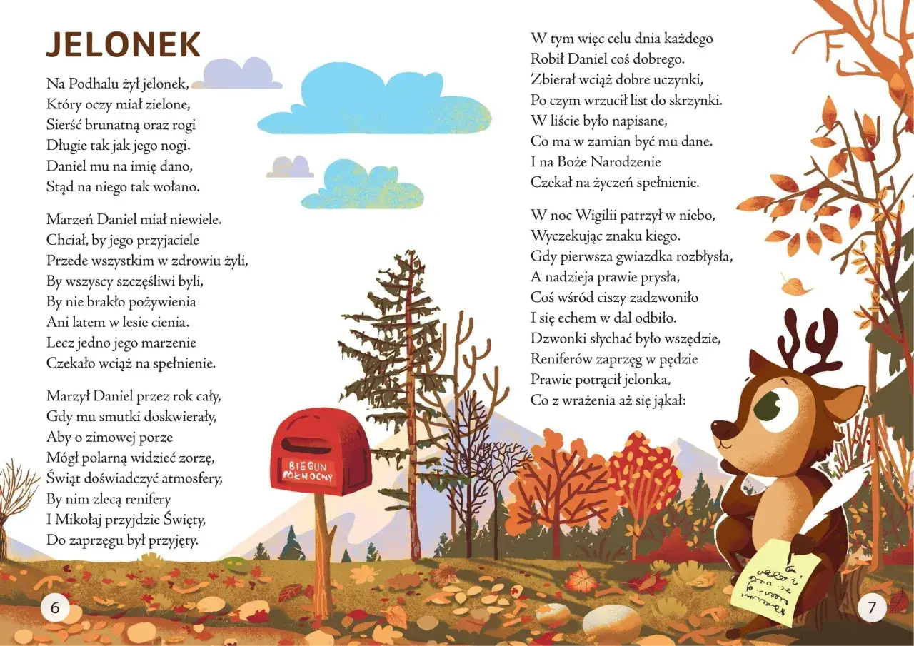 Ilustracja z tekstem "JELONEK" i wierszem o jelonku marzącym o pracy u Świętego Mikołaja. W tle jesienny las, skrzynka "BIEGUN PÓŁNOCNY" i renifer piszący list. To inspiracja do wiejskie przyśpiewki teksty.